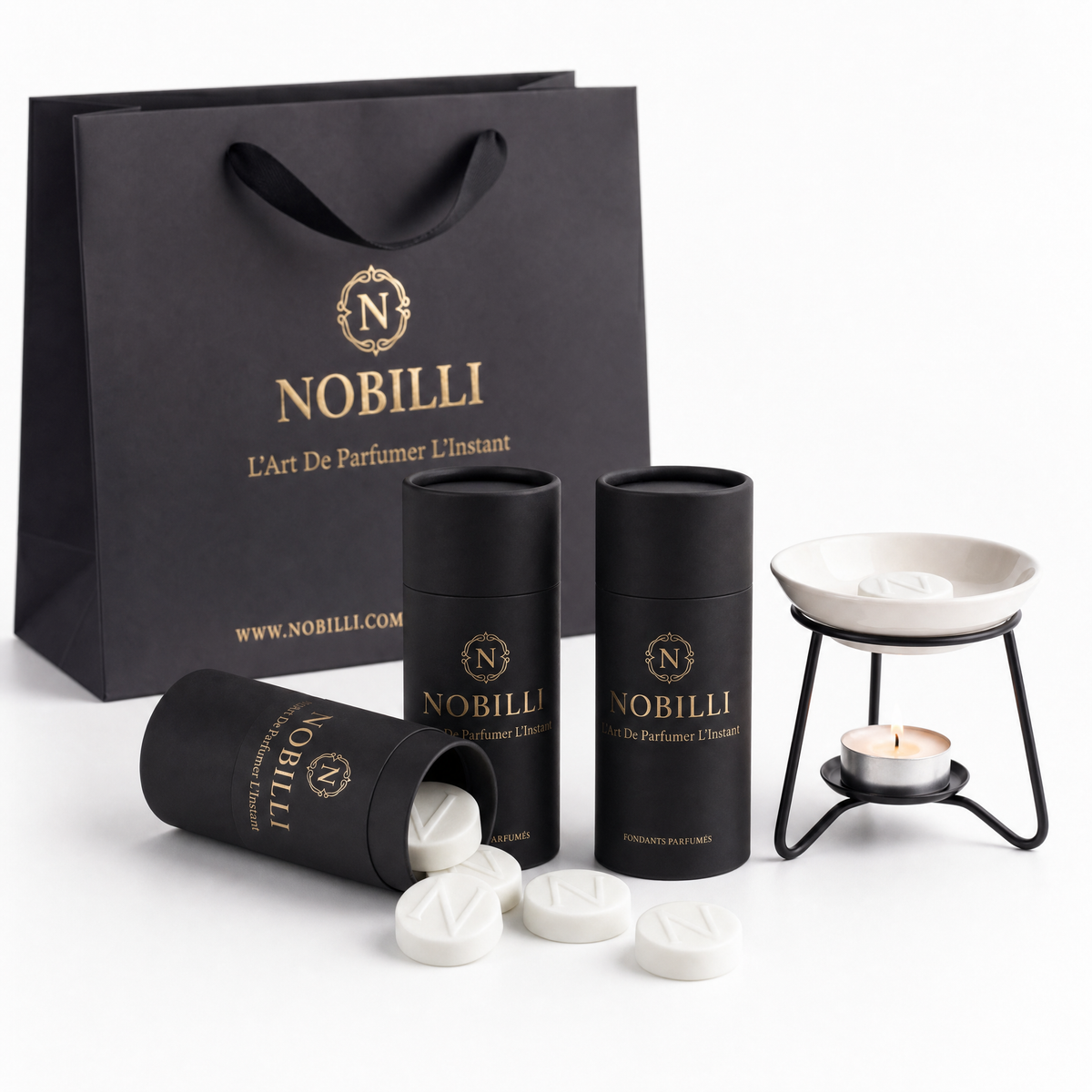 Le Coffret Nobilli — 3 Boîtes de 6 fondants parfumés au choix, brûleur au choix & sac Nobilli