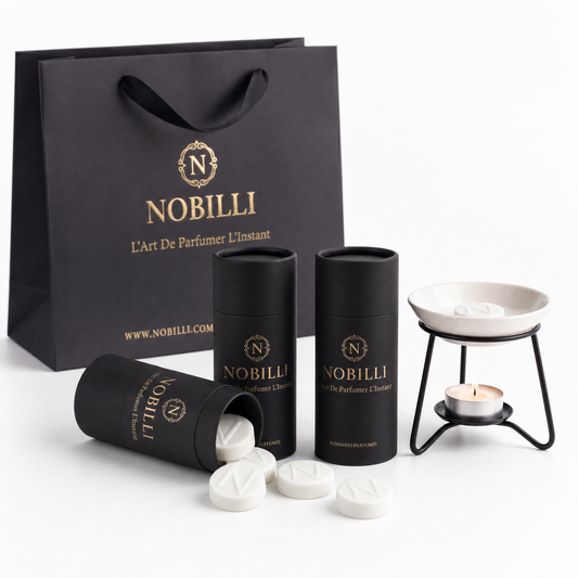 Le Coffret Nobilli — 3 Boîtes de 6 fondants parfumés au choix, brûleur au choix & sac Nobilli