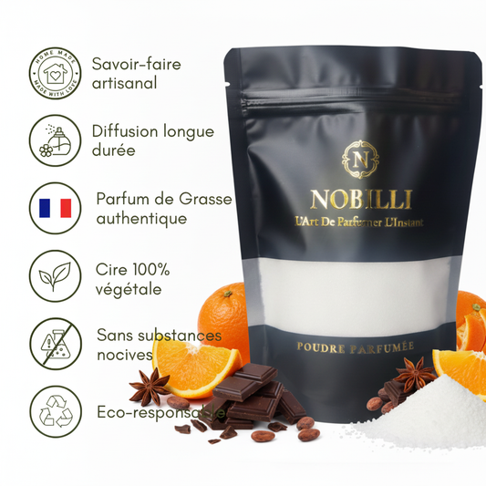 Sachet de 250g de poudre parfumée "Chocolat Noir et Orange"